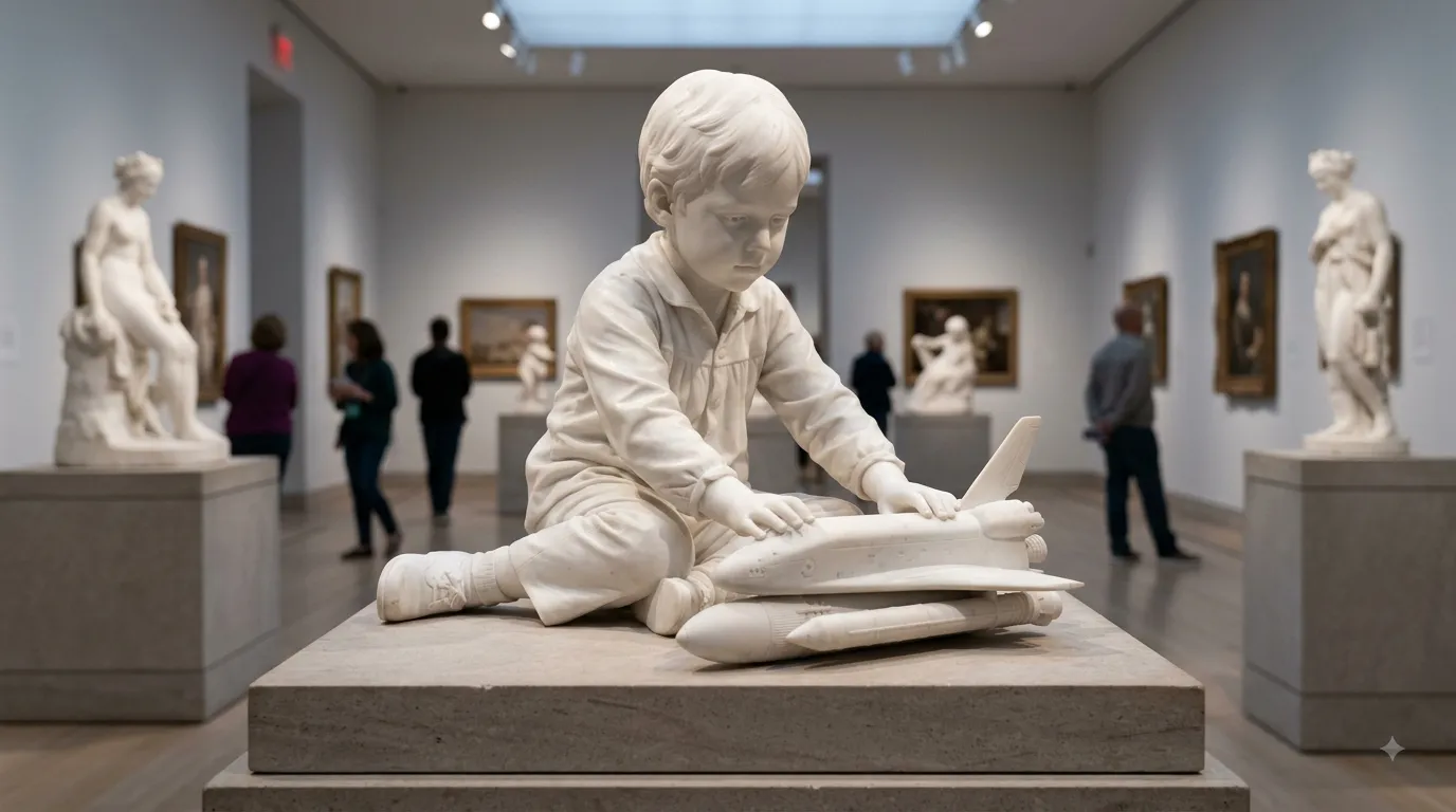 An AI generated image of a statue of a boy playing with a space shuttle